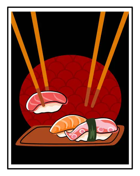Vector illustration of Sushi roll set with conceptual background and chopsticks.