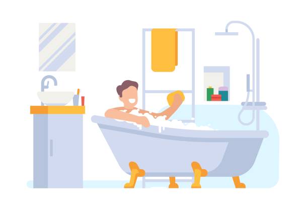 Man in bathroom relaxing in hot water foam. Guy washing in bathtub with washcloth. Person taking bath in washroom. Toiletries or towel. Home interior. Body hygiene routine. Vector concept Man in bathroom relaxing in hot water foam. Guy washing in bathtub with washcloth. Person taking bath in washroom. Toiletries or towel. Home interior. Body hygiene routine. Soap froth. Vector concept washcloth stock illustrations