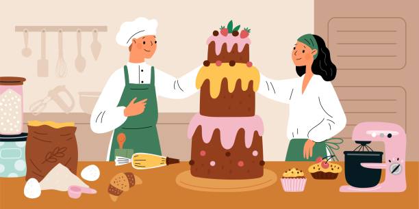 職場の菓子職人。結婚式のデザート作成プロセス。シェフの帽子と制服を着た男女。ケーキのデザイン。台所で料理をする人々。カップケーキとクロワッサン。派手なベクター画像コンセプ� - bread bakery women cake点のイラスト素材／クリップアート素材／マンガ素材／アイコン素材
