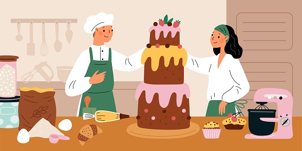 Confectioners at work. Wedding dessert creating process. Working man and woman in chefs cap and uniforms. Cake design. People cooking in kitchen. Cupcakes and croissants baking. Garish vector concept