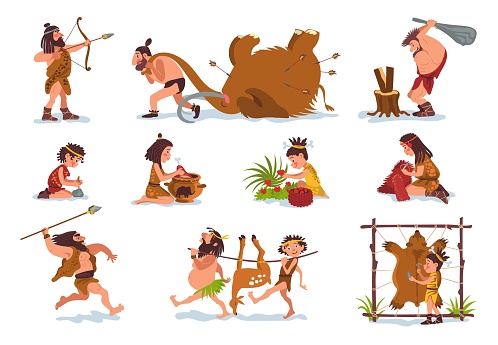 Prehistoric stone age people. Mammoth hunting. Funny caveman or cavewoman. Primitive human. Ancient hunters survival. Food extraction. Primal persons make clothes from animal skin. Splendid vector set