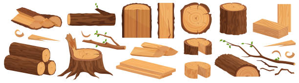 illustrazioni stock, clip art, cartoni animati e icone di tendenza di legna da ardere, ceppi di tronchi, tavole, silvicoltura e industria del legname - lumber industry timber wood plank