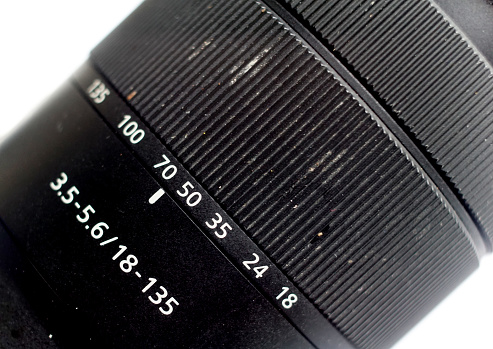 close up of a black zoom lens isolated on the white background,dirty and dusty