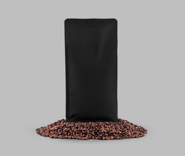 istock Black coffee doypack template, presentation on coffee beans, for coffee, espresso, roasted beans, isolated on background. 1450066394