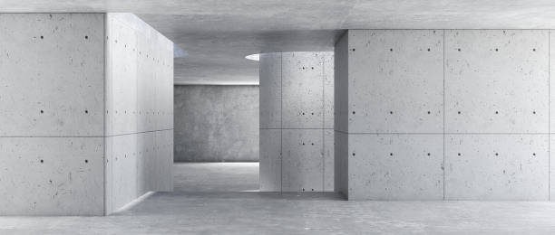 istock modern concrete room space, floor, wall, and ceiling are concrete structures, empty rooms with wall background. Concept industrial space and building structures place products. 3D rendering 1450069643