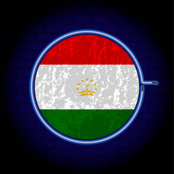 illustrations, cliparts, dessins animés et icônes de drapeau grunge néon du tadjikistan sur le dos du mur. illustration vectorielle. - tajik flag