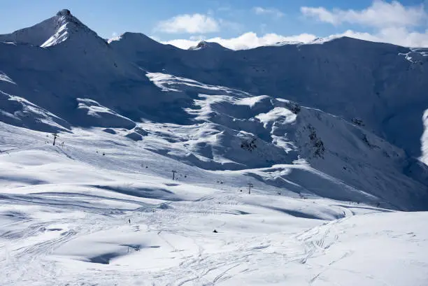 Photo of Town of Livigno in winter. Livigno landscapes in Lombardy, Italy, located in the Italian Alps, near the Swiss border.