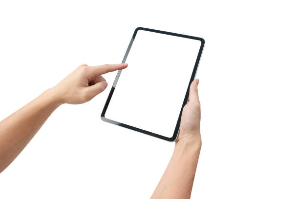 istock Hand holding tablet with blank screen isolated on white background 1450077614