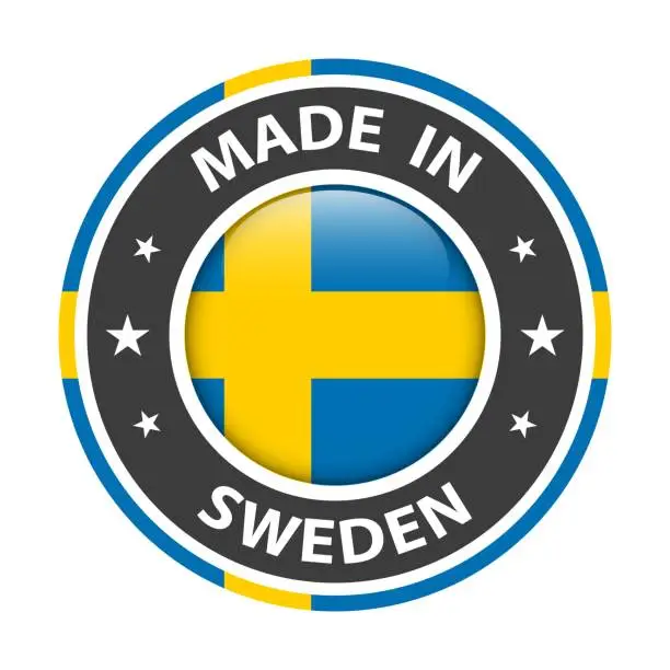 Vector illustration of Made in Sweden badge vector. Sticker with stars and national flag. Sign isolated on white background.