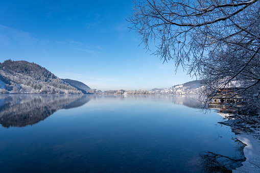 Winter landscape at Lake Schliersee in the Alps