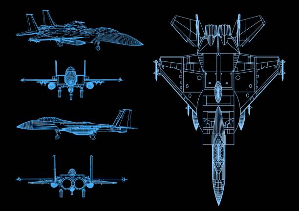 istock Wireframe of the aircraft from the blue lines. Polygonal plane. View from above. 3D. Vector illustration. 1450088837