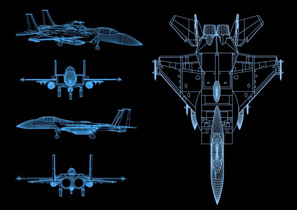 Wireframe of the aircraft from the blue lines. Polygonal plane. View from above. 3D. Vector illustration. Wireframe of the aircraft from the blue lines. Polygonal plane. View from above. 3D. Vector illustration. baka stock illustrations