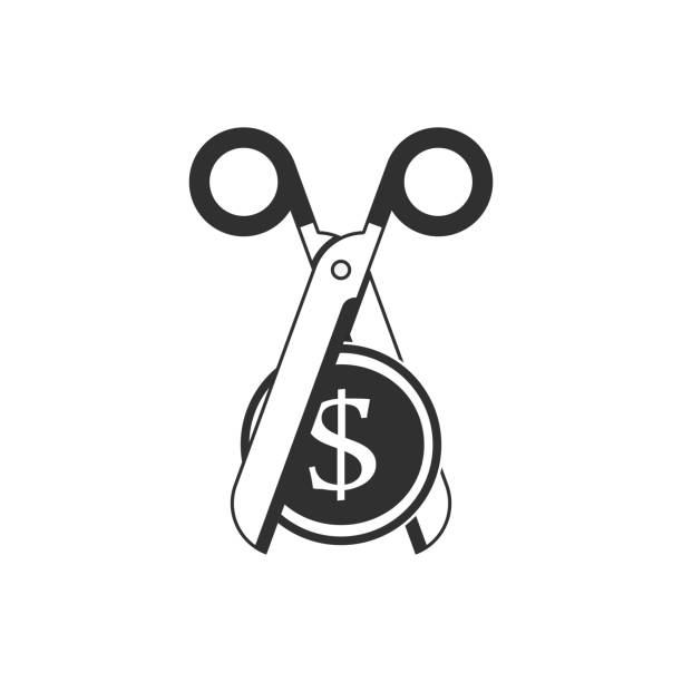 Scissors cutting gold coin. Scissors cutting money vector icon. Price , discount or cost reducing concept. Scissors and coin, price in half illustration. EPS 10. debt ceiling stock illustrations