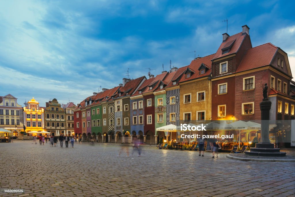 Old Market Square during sunset in Poznan Poland City Life Stock Photo