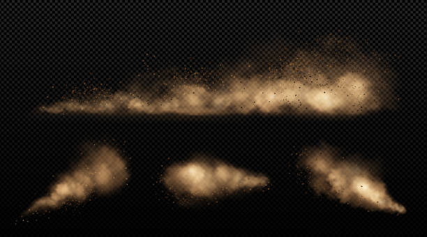 Sand clouds, car, sandstorm or dust dirty smoke Sand clouds, car, sandstorm or dust dirty brown smoke trails. Heavy thick smog with motes and soil particles, speed effect. Isolated thunderstorm, air pollution elements, Realistic 3d vector set dust pollution stock illustrations