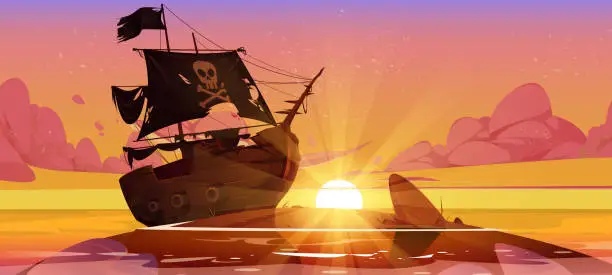 Vector illustration of Pirate ship stuck on shallow in sea at sunset time
