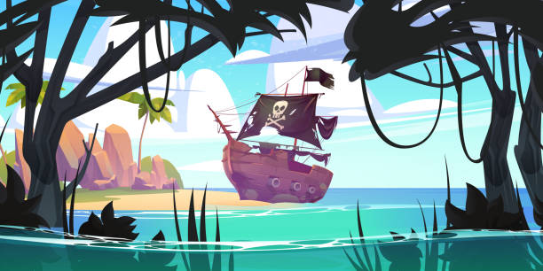 istock Pirate ship on tropical island, filibuster boat 1450092666