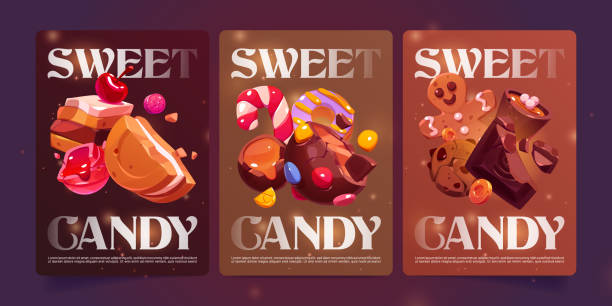 istock Sweet candy cartoon posters with bakery desserts 1450093760