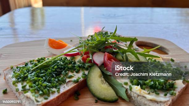 Typical Food From Tirol Bread With Butter And Chives Eggs Pepperoni Cucumber Stock Photo - Download Image Now