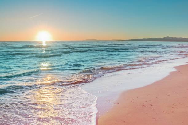 tramonto colorato visto dalla spiaggia del mare rosa con onde morbide - horizon over water environment vacations nature foto e immagini stock