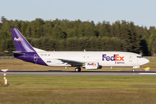 Oslo, Norway - 20.06.2022: A Fed Ex Boeing 737 cargo aircraft on the ground at Oslo airport