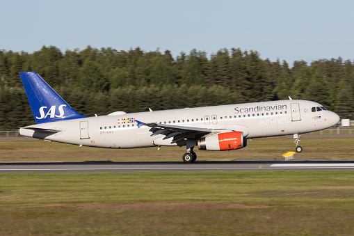 Oslo, Norway - 20.06.2022: An Airbus A320 of carrier SAS Scandinavian Airlines landing in Oslo