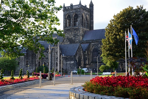 A facade of the Paisley Abbey parish church in Paisley, Scotland