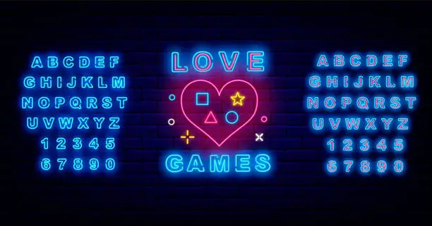 Vector illustration of Love games neon sign on brick wall. Light label. Heart with joystick icons. Luminous blue alphabet. Vector illustration