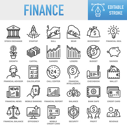 Finance and Investment Icons Collection - Thin line vector icon set. 30 linear icon. Pixel perfect. Editable stroke. For Mobile and Web. The layers are named to facilitate your customization. Vector Illustration (EPS10, well layered and grouped), easy to edit, manipulate, resize or colorize. Vector and Jpeg file of different sizes. The set contains icons: Finance, Saving Money, Bank, Banking, Capital, Financial Control, Money  Management, Investment