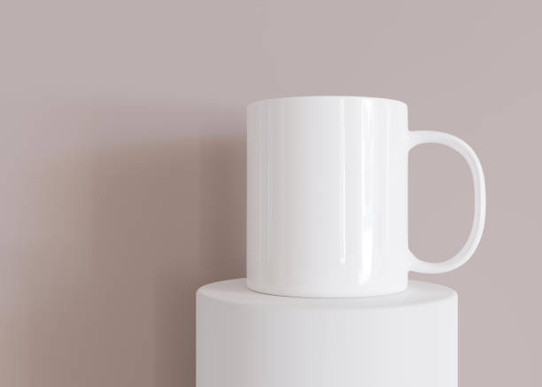 istock White mug mock up. Blank template for your design, advertising, logo. Close-up view. Copy space. Cup presentation on beige background. Minimalist coffee cup mockup. 3D rendering. 1450106441