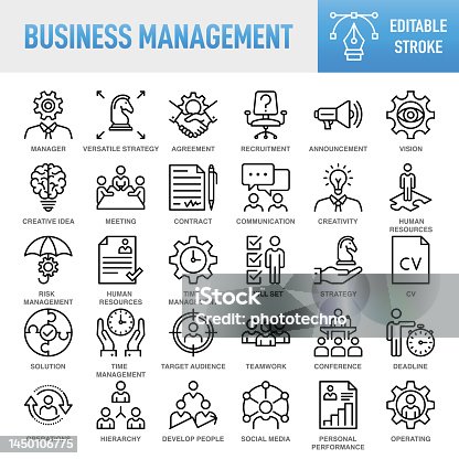 istock Modern Universal Business Management Line Icon Set - Thin line vector icon set. Pixel perfect. Editable stroke. For Mobile and Web. The set contains icons: Business, Strategy, Management, Goal, Target, Leadership, Teamwork, Work Group, Human 1450106775