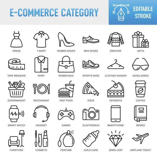 Vector illustration of E-Commerce Category - Thin line vector icon set. Pixel perfect. Editable stroke. For Mobile and Web. The set contains icons: E-commerce, Online Shopping, Shopping, Delivering, Store, Fashion, Clothing, Jewelry, Food, Fast Food, Supermarket, Electronic