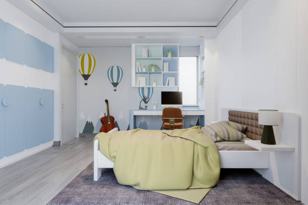 istock Modern Teenage Room Interior. Desk, Bookshelf, Desktop Computer And Guitar 1450112873