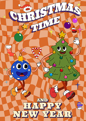 Groovy hippie Christmas poster. Christmas Tree and Blue Ball in trendy retro cartoon style. Merry Christmas and Happy New year greeting card, print, party invitation, background.