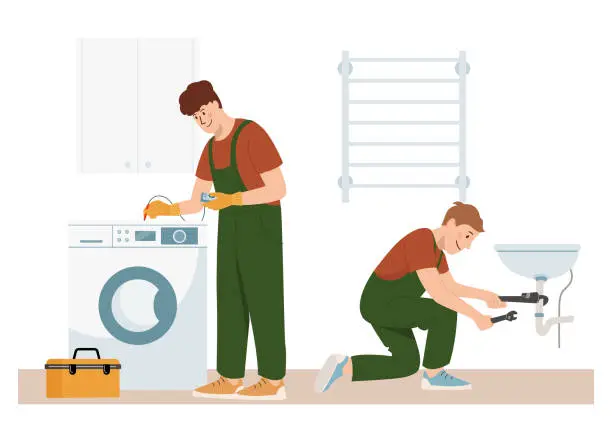 Vector illustration of Home craftsmen and repairmen. Renovation workers professional plumber and engineer at work, they are checking the washing machine and home plumbing. Vector cartoon flat concept