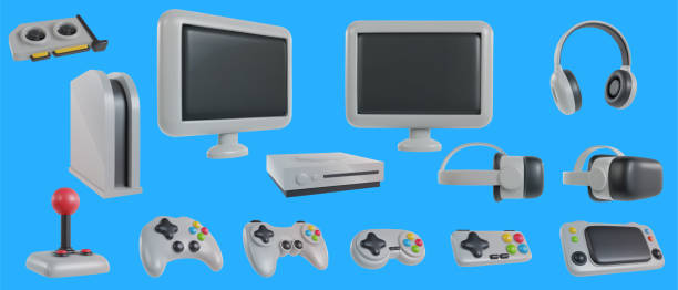 istock Set 3d realistic game devices in minimal funny cartoon style. Gamepad, console, vr headset, monitor, video card, headphone. Modern technology design element. Collection vector illustration or icon. 1450116428