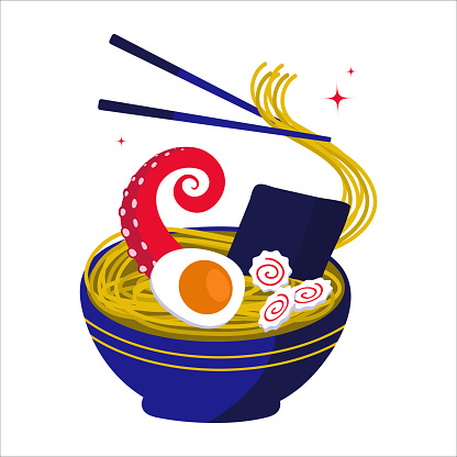 Bowl of Japanese ramen noodles with eggs, nori, narutomaki and octopus tentacle vector illustration. Traditional asian food. Flat cartoon style
