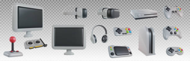 istock Gamepad, console, vr headset, monitor, video card, headphone. Set 3d realistic game devices in minimal funny cartoon style. Modern technology design element. Collection vector illustration or icon. 1450118348