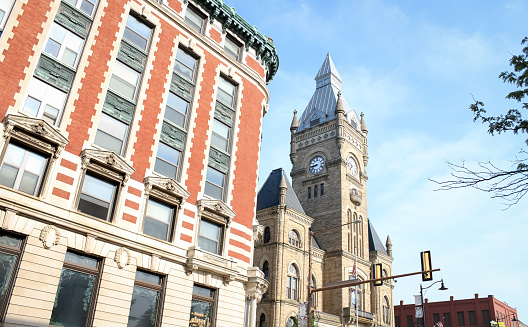 The cityscape buildings with a historic church in Butler, Pennsylvania