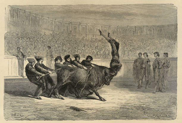 Vintage illustration by Gustave Dore, Portuguese Corrida, the Pegadores, Jumping over a bull,  Seville, Spain, 19th Century.