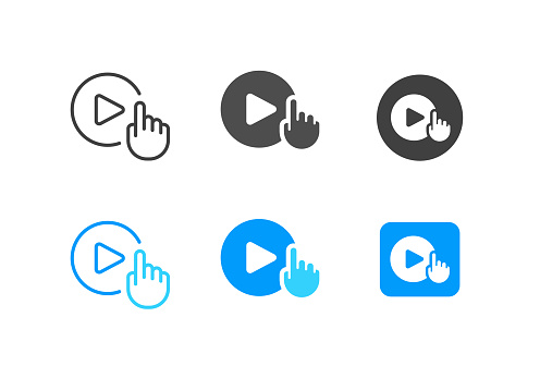 Play button icons in different styles. Editable stroke. Vector illustration.