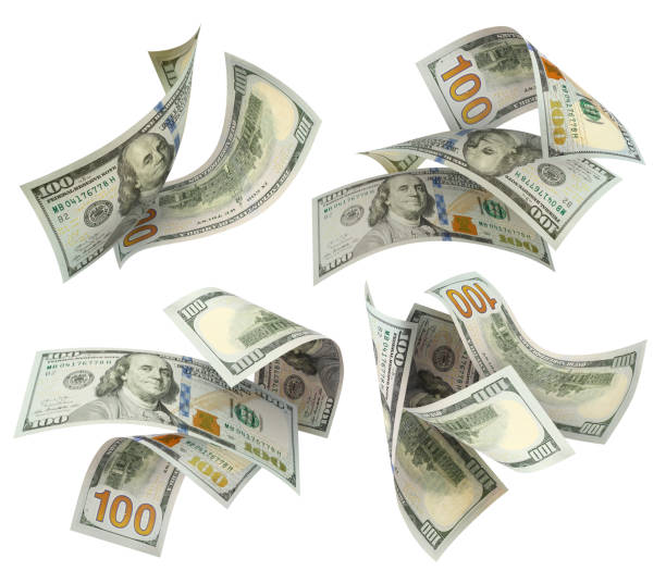 istock Collection of flying hundred dollar banknotes on white 1450122309