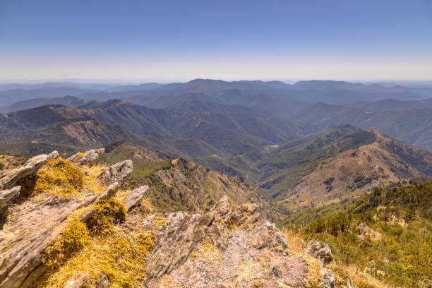 Sunny day over rocky outcrops and forests with blue sky in highland landscape on Mont Aigoual, Occitanie, France