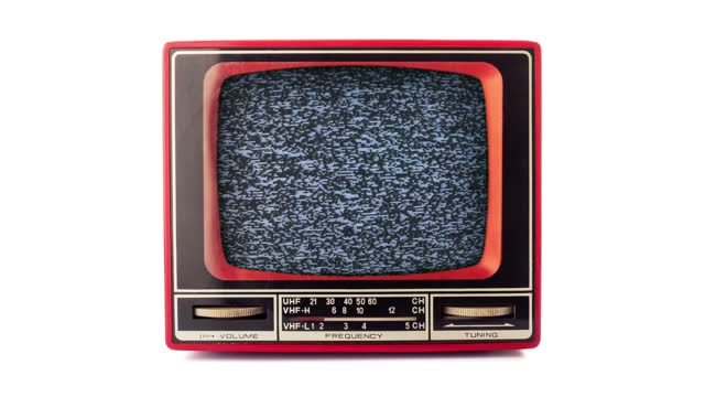 Old retro red television with grey interference screen on white background