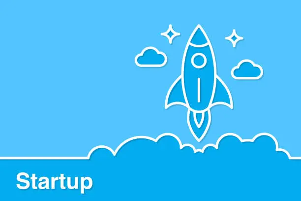 Vector illustration of Startup Concepts With Line Rocket on Blue Background