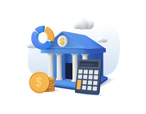 Coins, Financial Graphs Near Government Finance Department or Tax Office Column Building. Public Finance Audit Concept. 3D render Vector Illustration. Online banking, bank icon, finance calculation
