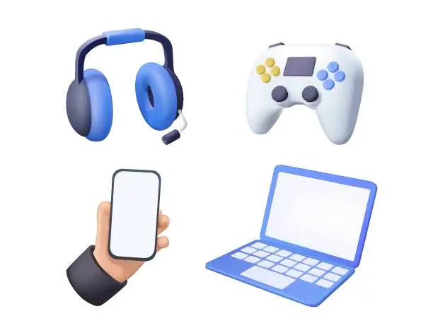 Vector illustration of Icons isolated on white. Computer devices 3d render vector icon set. Computer, laptop, smartphone, headphones, joystick