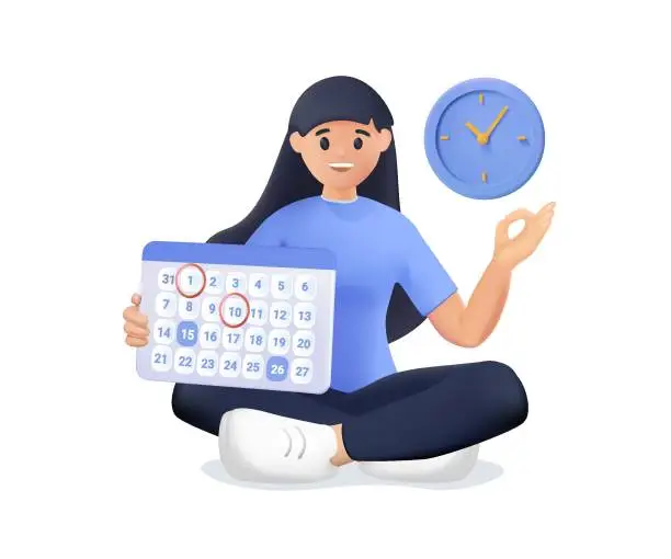 Vector illustration of Smiling business woman holding calendar and clock. Deadlines, day schedule planning business plan. Time management, timing, self organization, business planning concept. 3d render vector people