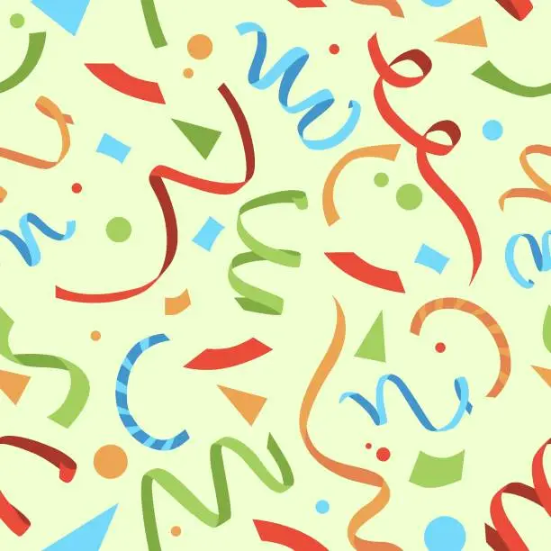 Vector illustration of Colorful falling confetti on beige background, seamless carnival pattern. Vector illustration.