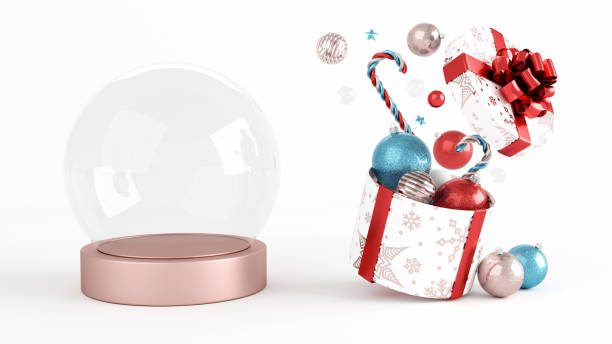 istock Modern Colorful Christmas Open Gift Box With Rose Gold Snow Globe. New Year Concept - 3D Illustration 1450139384
